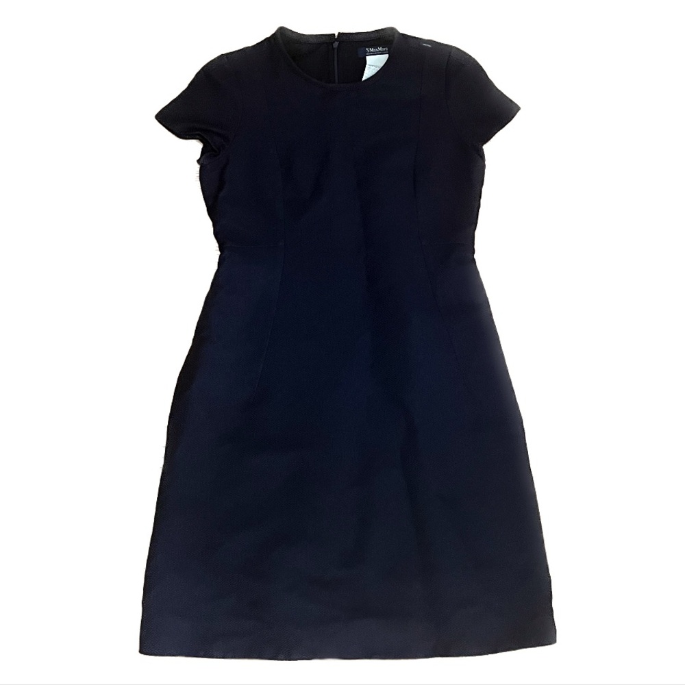 ‘S MaxMara Fabric Textured Navy Blue Seam & Pleat Detail Cap Sleeve Dress US 8